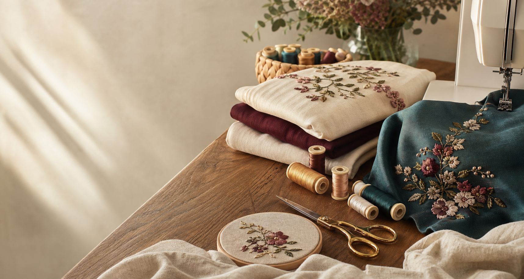 Telas bordadas, hilos y encajes en un atelier textil